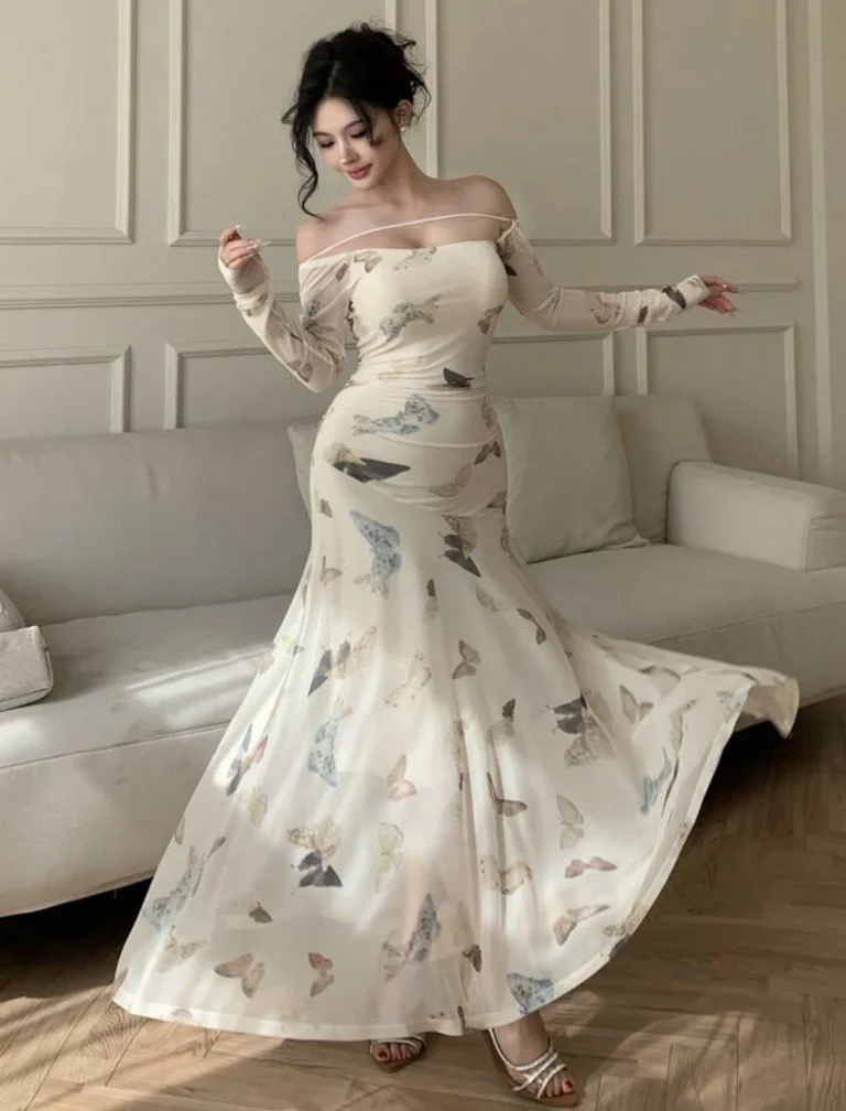 فستان بنقشة فراشات – أوف شولدر،