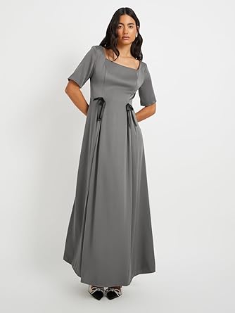 فستان ماكسي بقصة ايه لاين سادة برقبة مربعة مزين بفيونكة للنساء من ستايلي