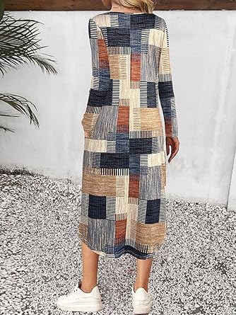 فستان نسائي طويل الأكمام بياقة على شكل حرف V مناسب لفصلي الخريف والشتاء، مزين بطبعة فريدة، مناسب للشاطئ.