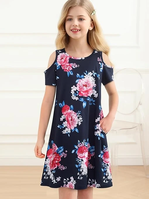 فساتين للبنات برقبة دائرية ضيقة واكمام قصيرة مكشوفة الكتفين بطباعة زهور لحفلات ا