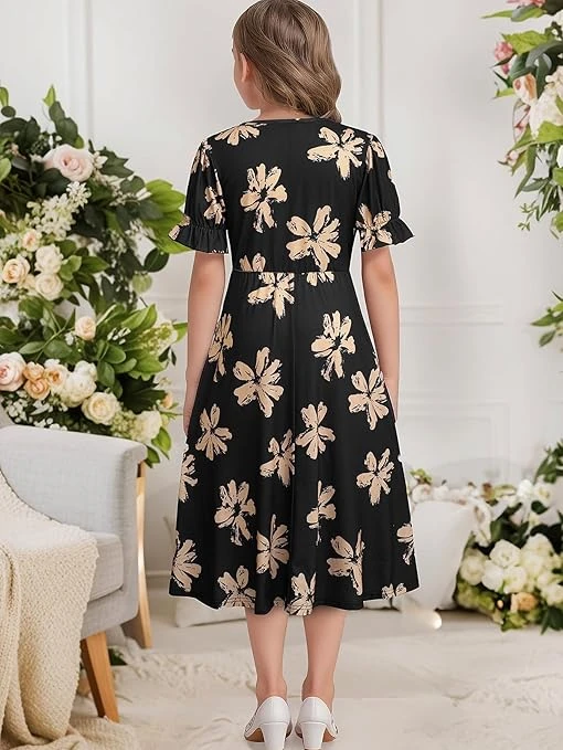 فساتين للبنات برقبة دائرية ضيقة وأكمام قصيرة منفوخة بطبعة زهور للعطلات والصيف كا