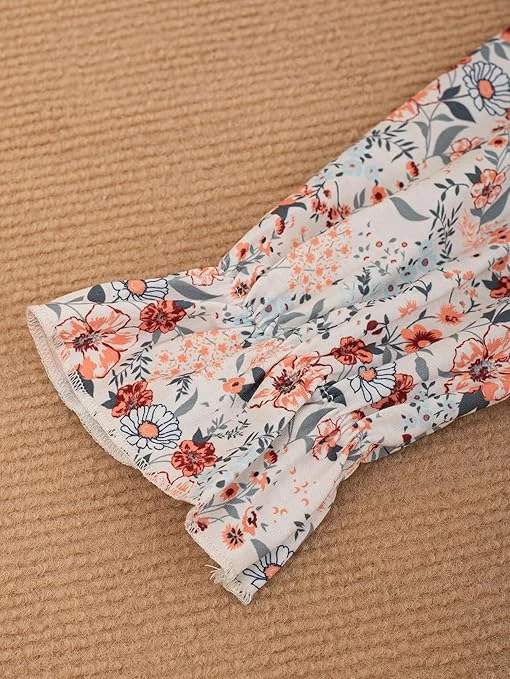 فستان بياقة دائرية وأكمام طويلة مكشكشة وتصميم شبكي مطرز بنقشة زهور واسع ومريح بق