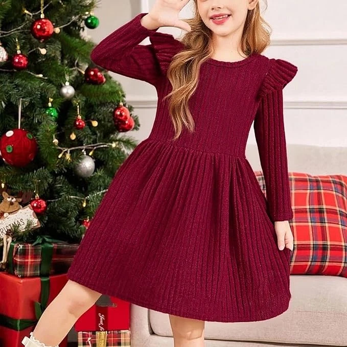 فستان للبنات بأكمام طويلة وقبة دائرية مزخرف بالكشكشة ومصنوع من قماش محبوك بقصة ا