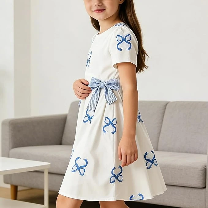 فستان صيفي كاجوال بقصة ايه لاين وأكمام منتفخة قصيرة وطبعة عقدة فيونكة خفيف الوزن