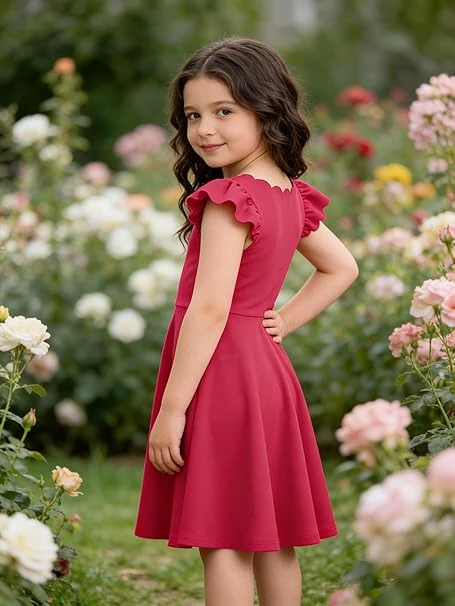 فستان بأكمام مكشكشة وقبة V بتصميم ايه لاين للصيف، ملابس رسمية للأطفال من سن 5-7