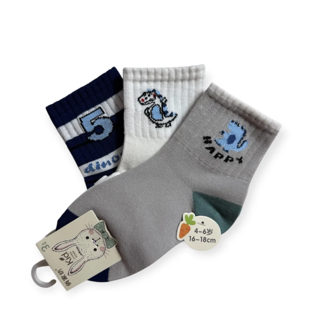 طقم جوارب أطفال قطنية برسومات ديناصورات – 3 قطع