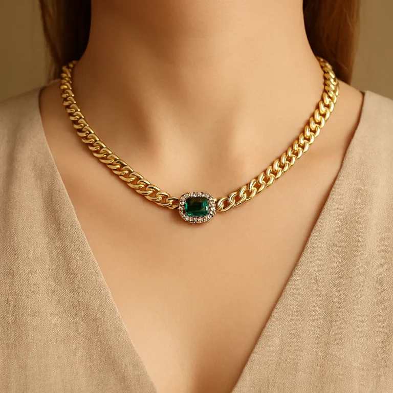 قلادة باللون الذهبي فاخرة بحجر زمرد طبيعي