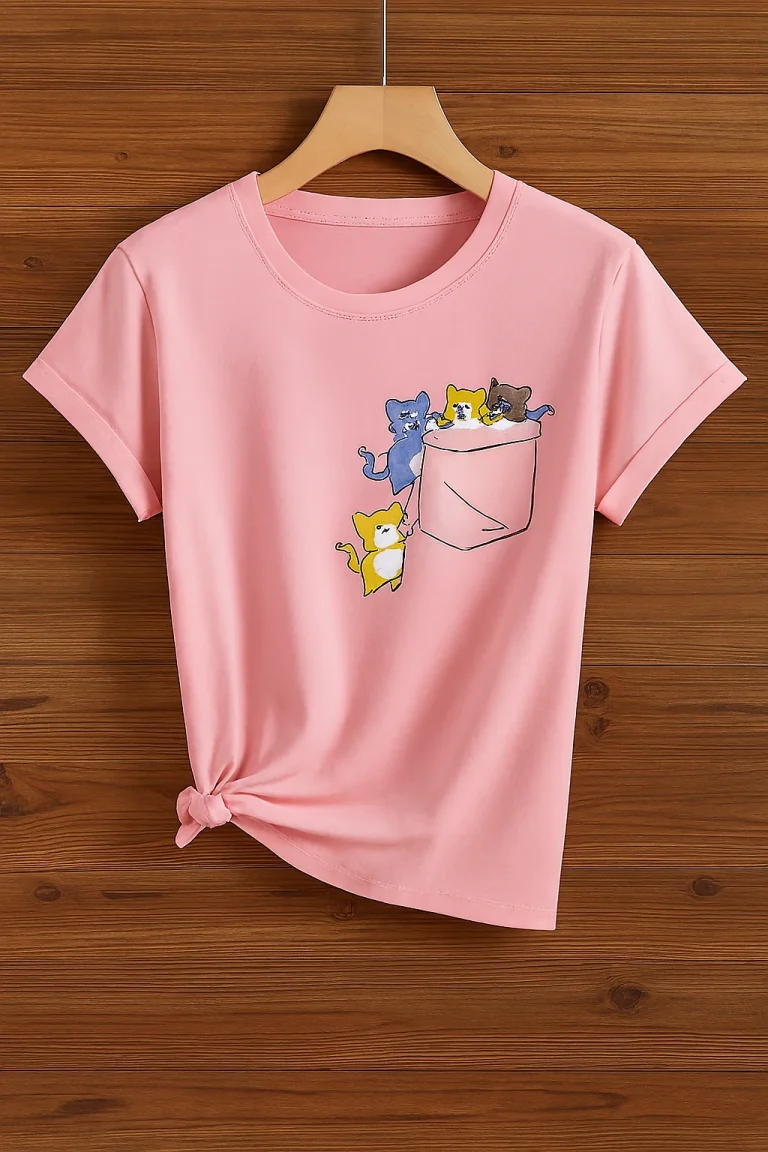 تيشيرت بطبعة قطط كرتونية – تصميم كاجوال أنيق ومميز