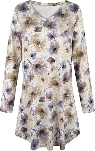 فستان قصير كاجوال بقصة فضفاضة واكمام طويلة وقبة V للنساء.