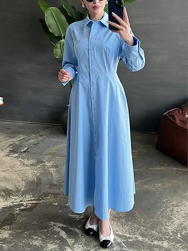 فستان كلاسيكي بتصميم قميص للنساء – فستان ماكسي بأكمام طويلة مع زر أمامي وتصميم ي