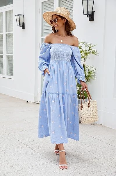 فستان ماكسي مطرز بالزهور للنساء من ابيوفرت، فستان بأكمام طويلة منفوخة ورقبة مربع