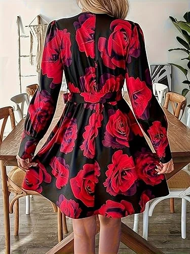 فستان قصير مزين بالزهور بأكمام طويلة وأزرار من الشيفون بقصة ايه لاين متأرجحة لحف