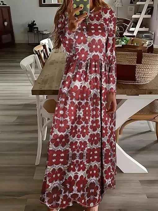 فستان ماكسي للنساء بنمط زهور للخريف بأكمام طويلة ورقبة دائرية ضيقة بتصميم غير رس