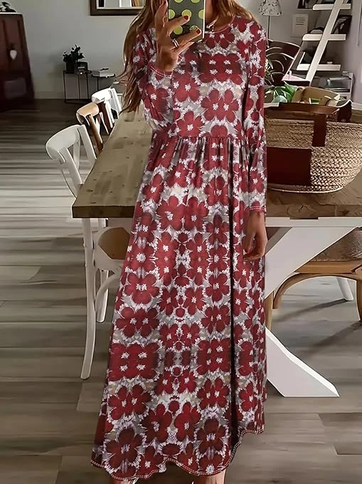 فستان ماكسي للنساء بنمط زهور للخريف بأكمام طويلة ورقبة دائرية ضيقة بتصميم غير رس
