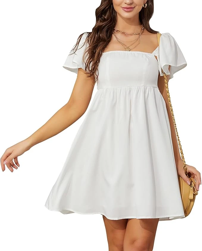 فستان كاجوال 2025 باكمام قصيرة ورقبة مربعة واكمام قصيرة وخصر مرتفع على شكل حرف ا