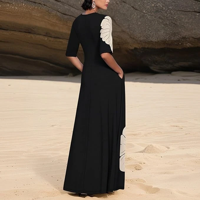 فستان صيفي انيق للنساء، فستان طويل متعدد الاستخدامات بتصميم جيب مزين بالزهور