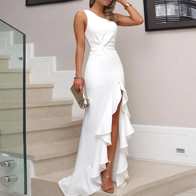 فستان بكتف وكشكشة من الساتان، ماكسي لحفلات الزفاف، فساتين كوكتيل مجسمة مع فتحة ج