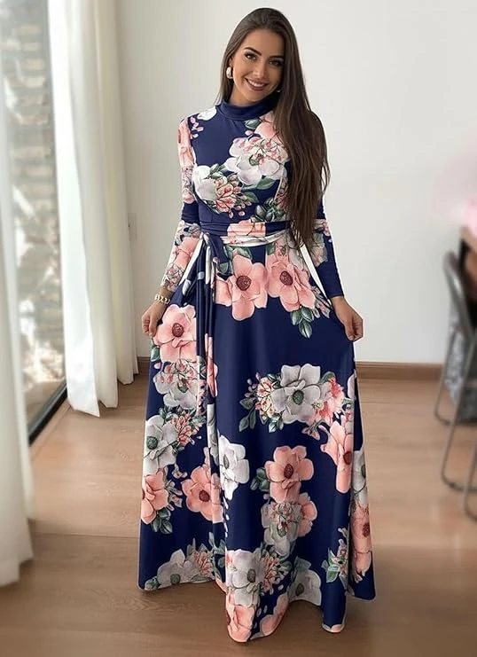 فستان ماكسي للنساء بطبعة زهور، فساتين طويلة كاجوال بوهيمية ذات ثنيات مع حزام
