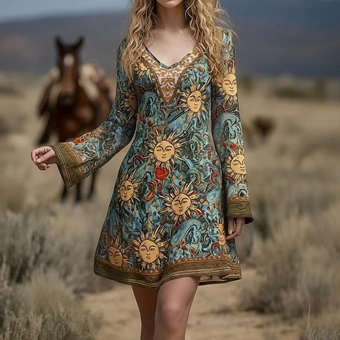 فستان شتوي باكمام طويلة وطبعة عرقية بنمط ريفي للنساء