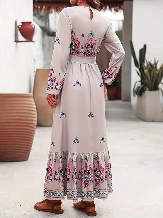 فستان ماكسي كاجوال بأكمام طويلة وقبة V بطبعة زهور للنساء من الخريف