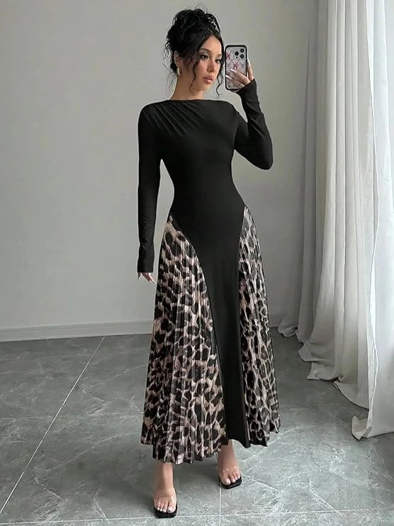 فستان ماكسي بطبعة جلد الفهد للنساء – فستان متوسط الطول بكسرات واكمام طويلة للنسا