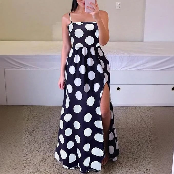 فستان صيفي عصري بطبعة منقطة للنساء، فستان بدون حمالات بحافة منقسمة