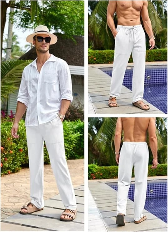 سروال كتان للرجال لليوغا والشاطئ بقصة فضفاضة عصرية للصيف برباط خصر مطاطي مع جيوب