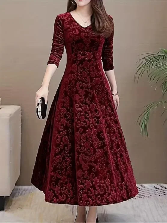 فستان ماكسي بتصميم بوهو فينتاج للنساء بأكمام طويلة وقبة V وتصميم غير رسمي