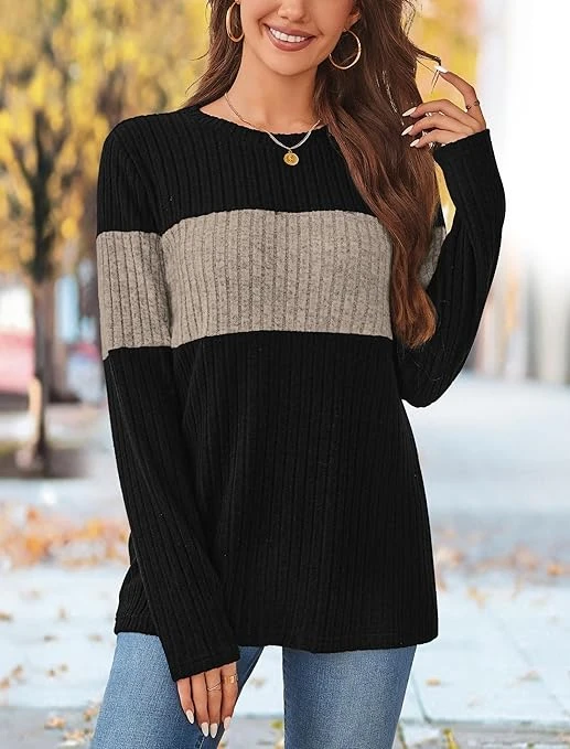 بلوفر نسائي عصري بألوان متباينة، بلوزة بأكمام طويلة، ملابس خريفية لبدايات خريف و
