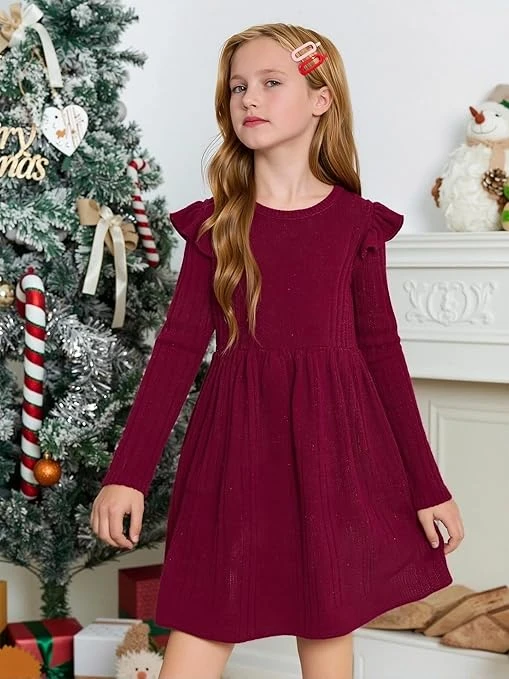 فستان للبنات بأكمام طويلة مكشكشة بتصميم ايه لاين، فستان عصري للحفلات والارتداء ا