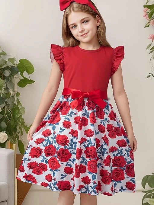 فساتين كاجوال بقصة ايه لاين وقبة دائرية ضيقة وأكمام مرفرفة للصيف والعطلات للبنات