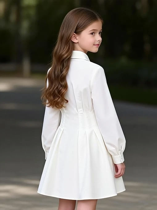 فستان قميص رسمي بأكمام طويلة وقبة بولو وأزرار سفلية للبنات بعمر (8-12 سنة)، طبقة