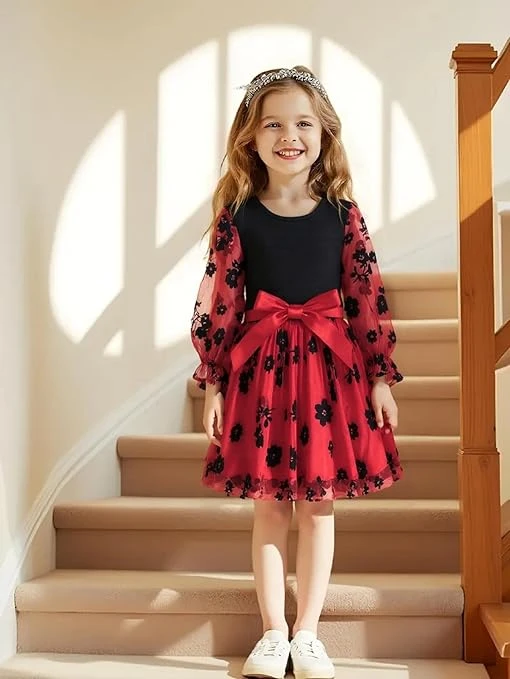 فستان شبكي لعيد الميلاد المجيد للبنات، أسود وأحمر