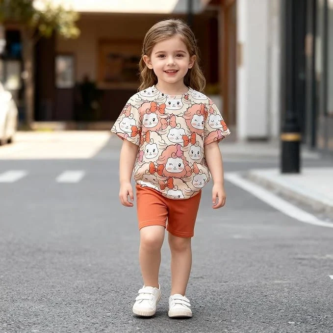 طقم ملابس كاجوال صيفية للبنات مكون من قطعتين مكون من تي شيرت باكمام قصيرة بطبعة