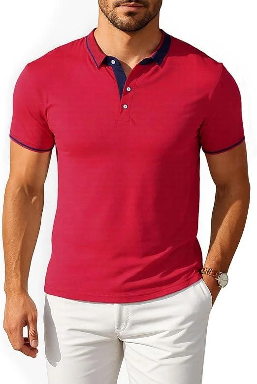 تي شيرت بولو كلاسيك بقصة ضيقة وأكمام قصيرة للرجال.
