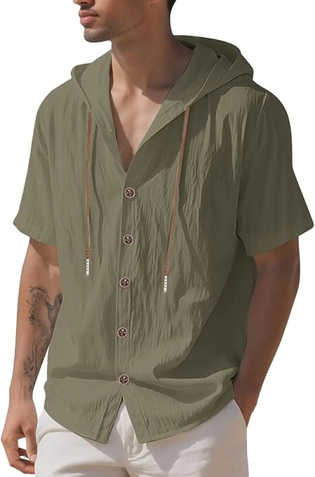 سويت شيرت كاجوال خفيف الوزن بغطاء للرأس وأكمام قصيرة للرجال من القطن والكتان.