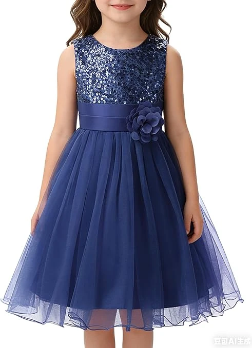 فستان حفلات للبنات الصغيرات بطول ربلة الساق من التل المزين بالترتر، فستان سهرة ل