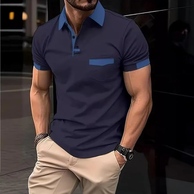 تيشيرت بولو غير رسمي بأكمام قصيرة للرجال بقصة ضيقة مع جيب