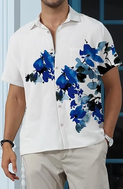 قميص شاطئ هاواي بأزرار للرجال ملابس كاجوال بأكمام قصيرة بتصميم زهور استوائية