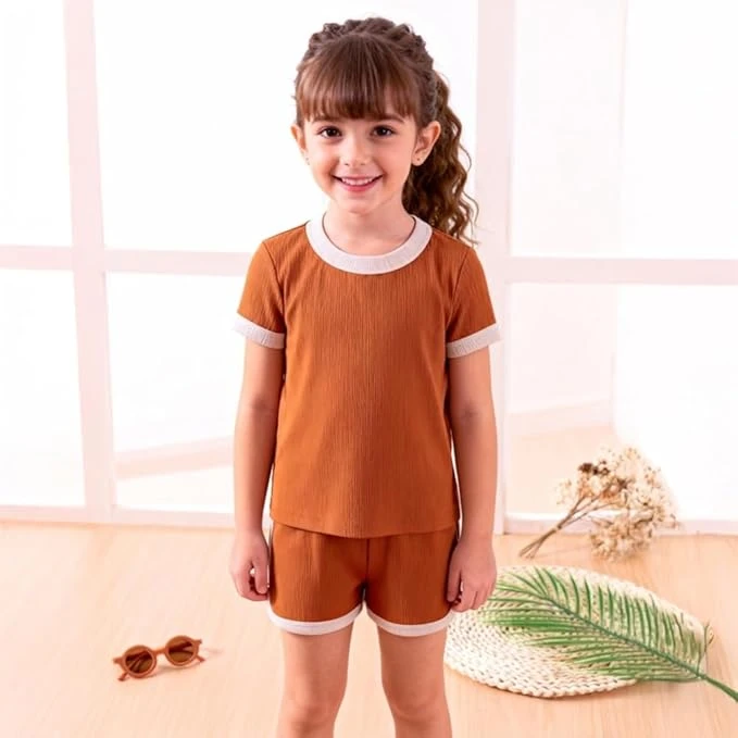 ملابس صيفية للبنات الصغيرات بتصميم لطيف باكمام قصيرة وشورت للاطفال بعمر 1-6 سنوا