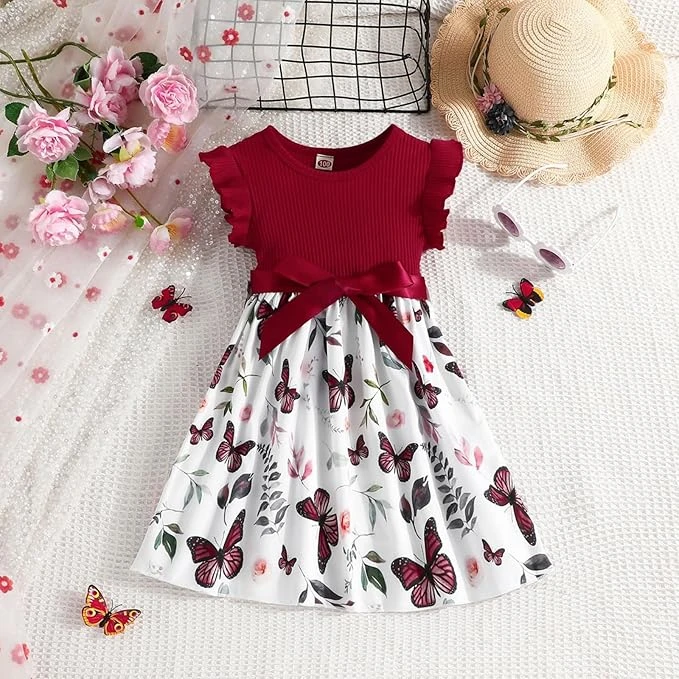 فستان باكمام رفرفة للاطفال مع بلوزة حمراء وفيونكة، تنورة بنمط فراشة وزهور، زي لل