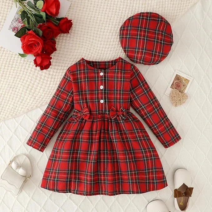 فستان أحمر كاروهات للفتيات رائع مع قبعة مطابقة، زي جلسة تصوير عيد الميلاد المجيد