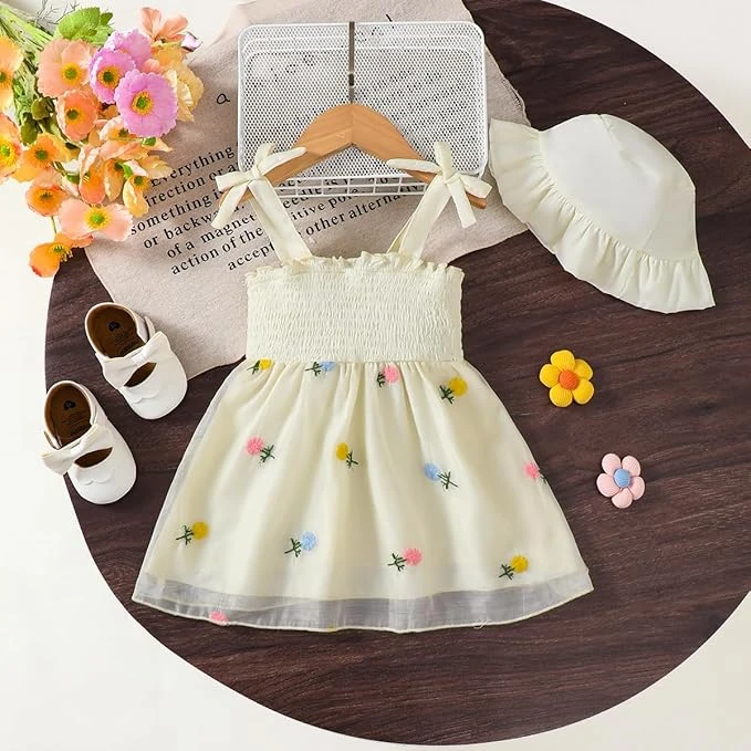 فستان للبنات الرضع، مزين بفيونكة ثلاثية الأبعاد على الحمالة وتطريز زهور على الحا