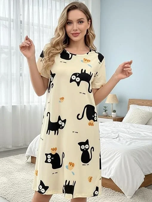 قميص نوم للنساء، قميص نوم بتصميم بيجامة بنمط مطبوع بأشكال كرتونية لغرفة النوم وا