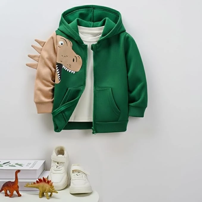 سويت شيرت بغطاء للرأس للأولاد والبنات الصغار بأكمام مقسمة على شكل ديناصور بسحاب