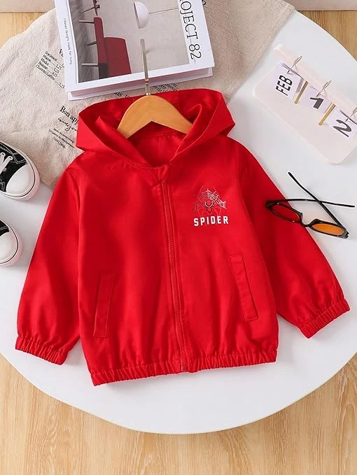 جاكيت بغطاء للرأس للأولاد بتصميم عصري خفيف الوزن مطبوع عليه عنكبوت، ملابس خريفية