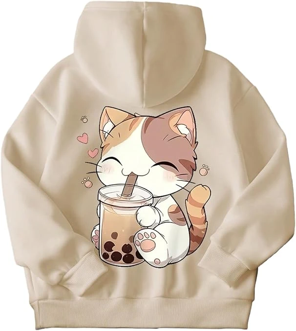 سويت شيرت بغطاء للرأس للبنات، بلوفر من الصوف الناعم بأكمام طويلة مع طباعة قطة لط