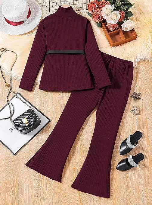 طقم ملابس مضلع منسوج للبنات مكون من بلوزة بأكمام طويلة وقبة دائرية وسروال واسع،