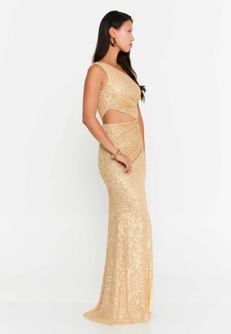فستان سهرة ذهبي ترتر بكتف واحد