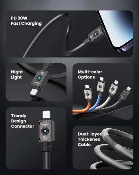 كابل شحن ونقل بيانات سريع 30 وات من النوع C إلى Lightning